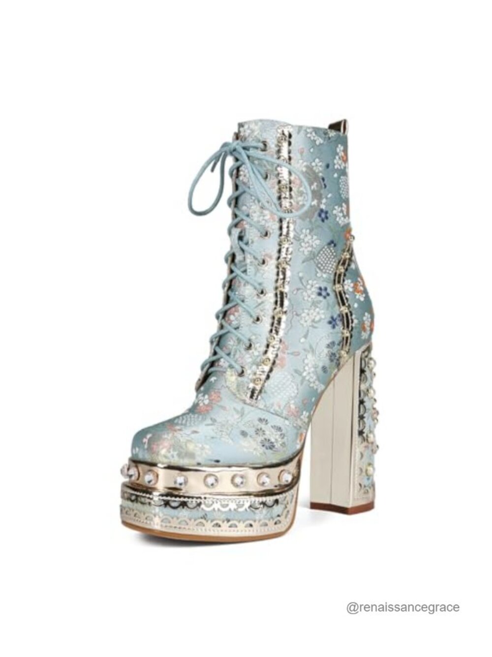 Cowgirl Ankle Platform Boots Gemstones Block Heel